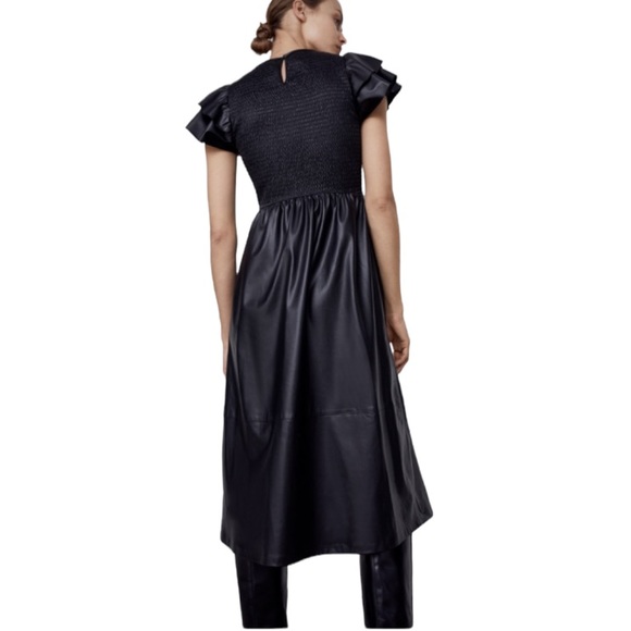 Zara Smocked Faux Leather Ruffle Sleeve Midi Dress - Picture 4 of 9
